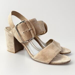 Stuart Weitzman City Sandals Size 11 Tan Suede Big Buckle Slingback Block Heel